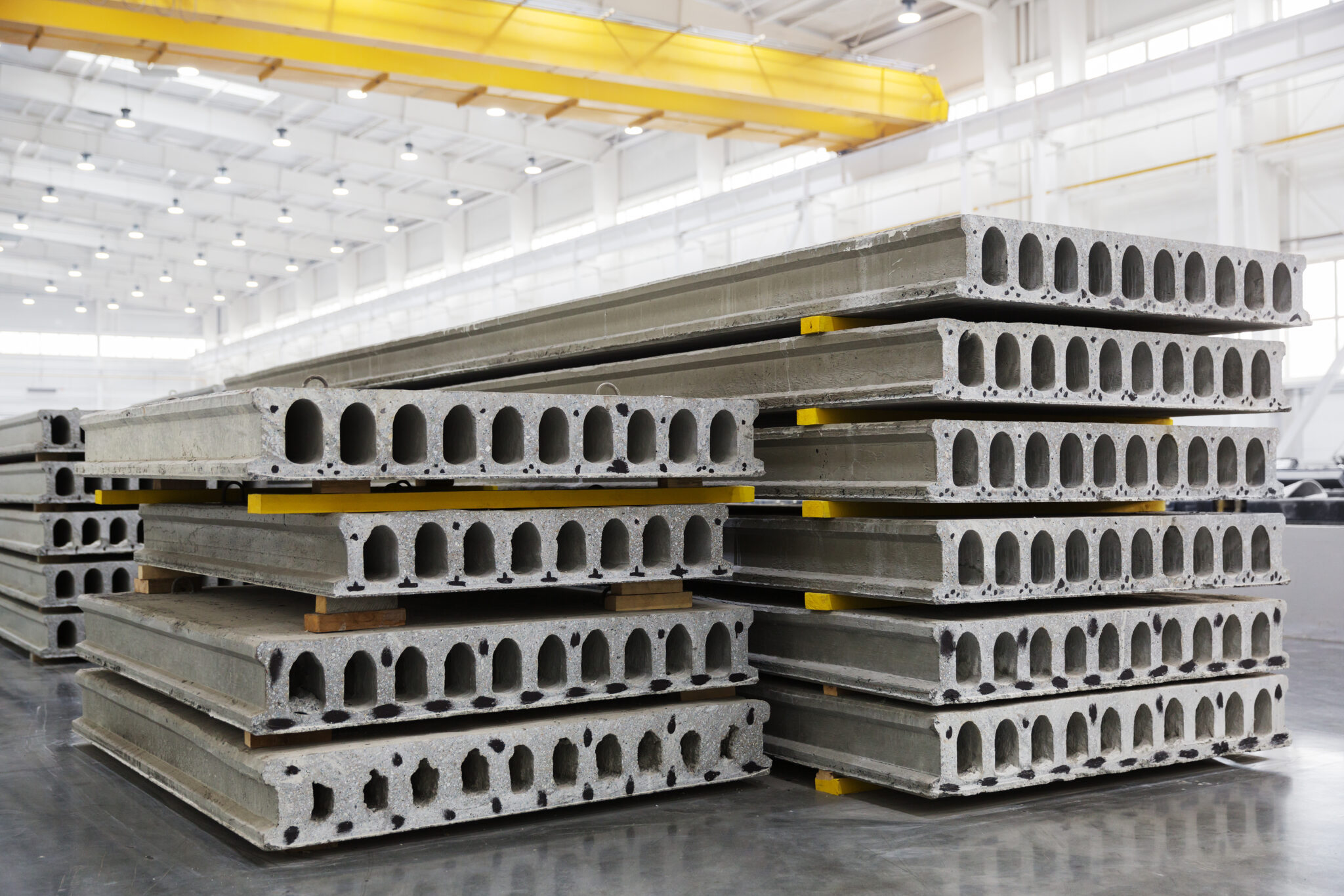 CUREMATIC Curing Solutions: Stack of reinforced concrete slabs in a house-building factory workshop